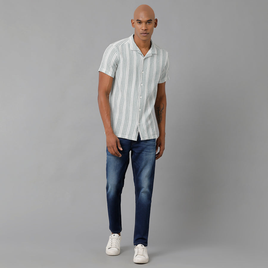 White Green Stripe Slim Fit Shirt