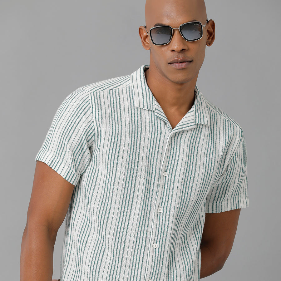 White Green Stripe Slim Fit Shirt
