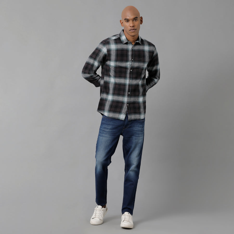 Men's Light Blue Brown Checks Slim Fit Shirt