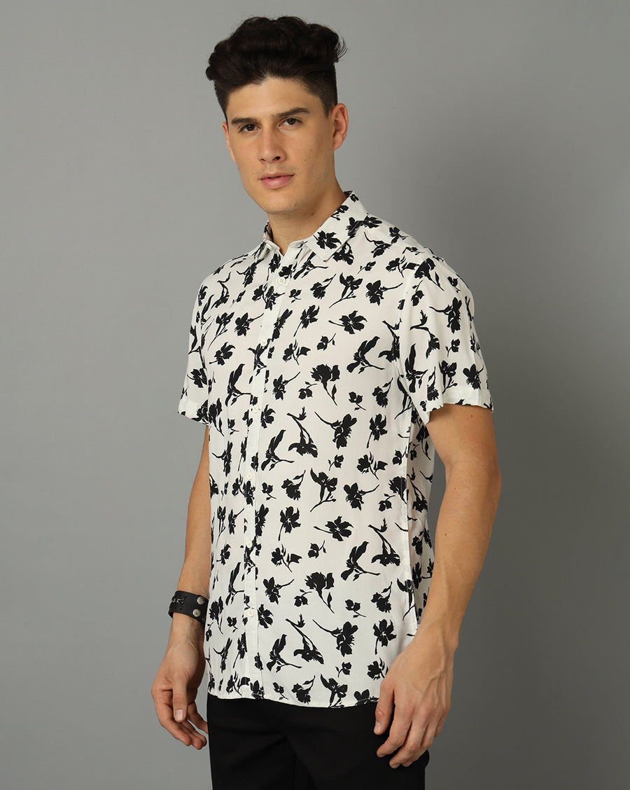 Classic Floral Printed Spread Collar Slim Fit Casual T-Shirt