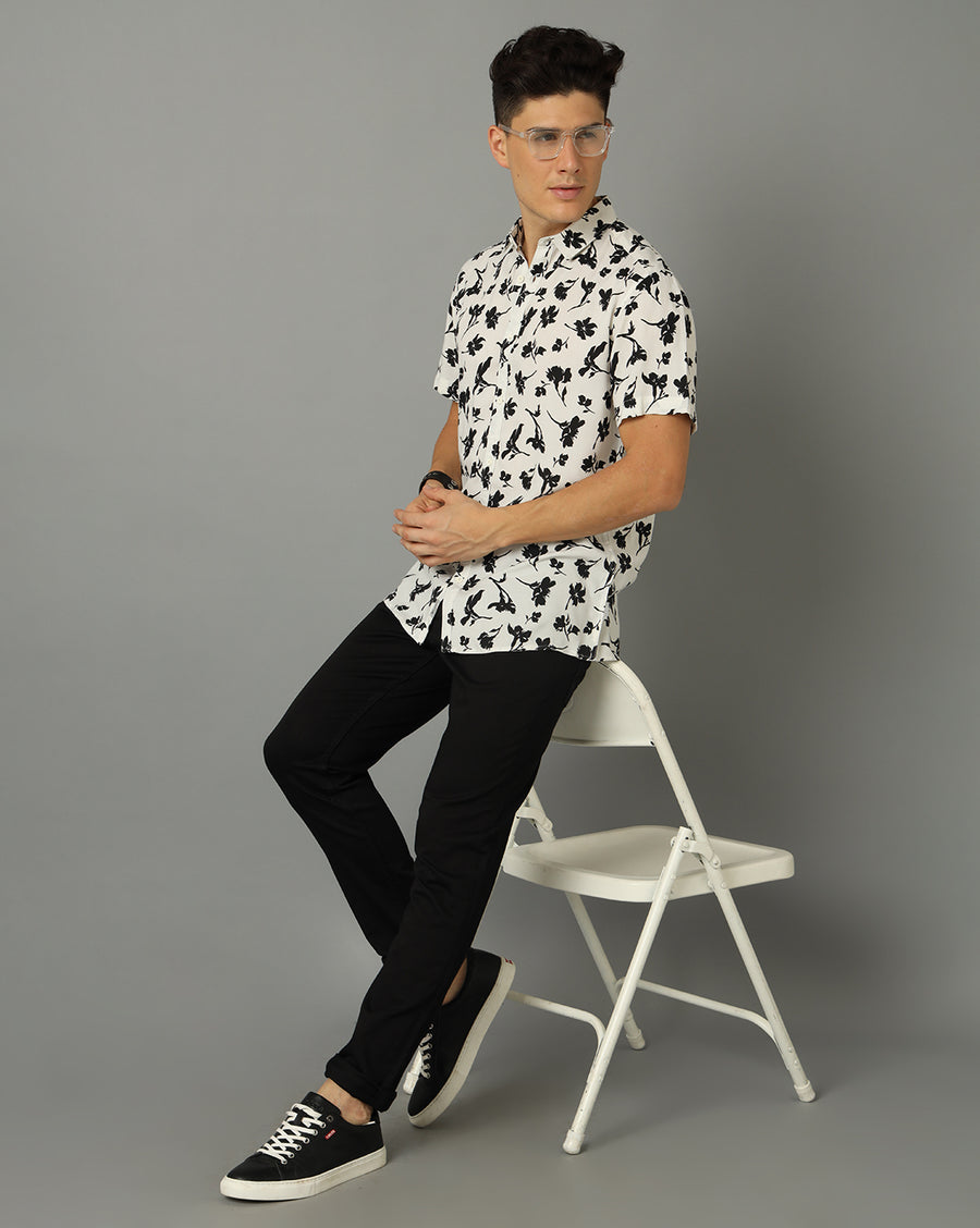 Classic Floral Printed Spread Collar Slim Fit Casual T-Shirt