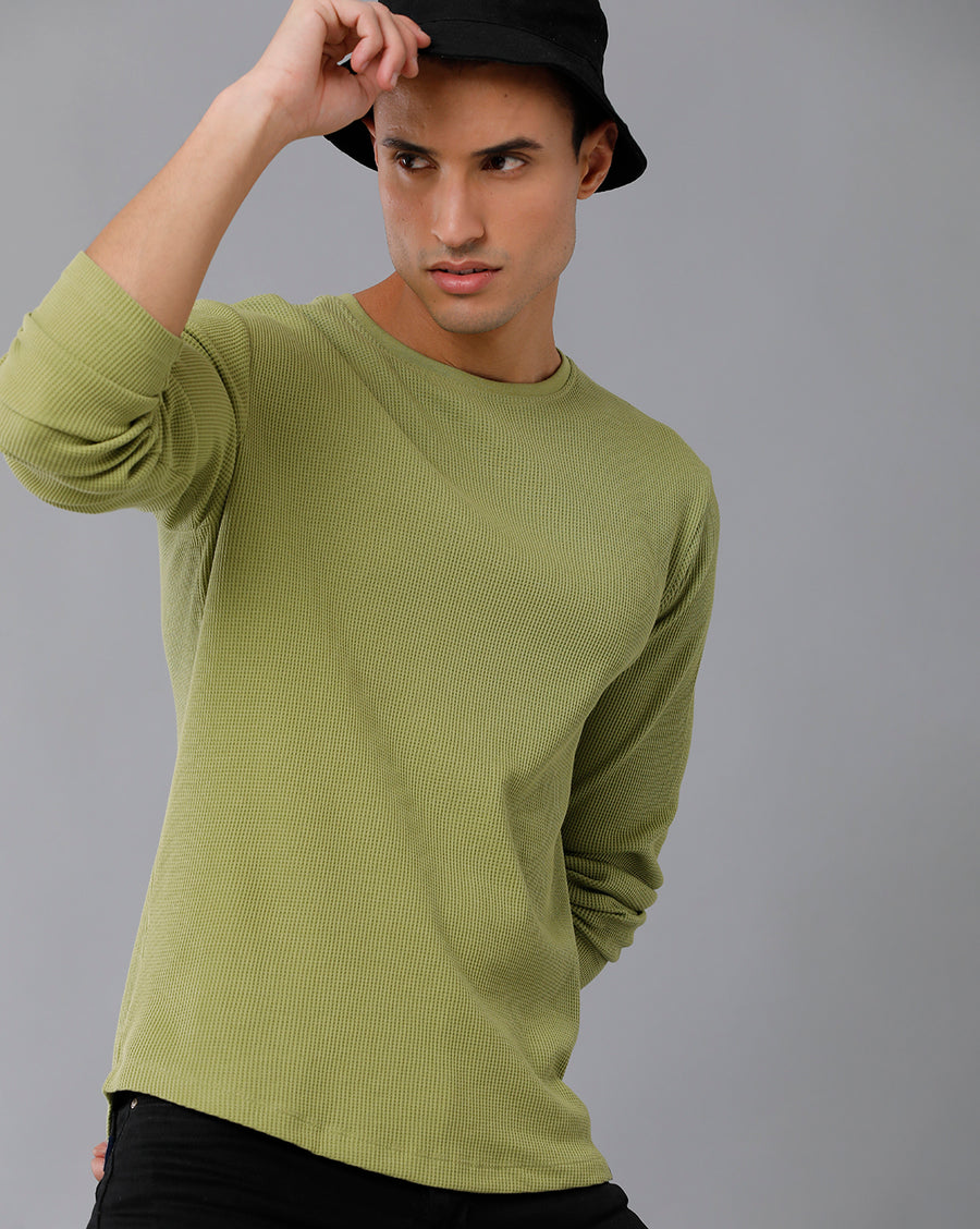Men Waffle Solid  Regular Fit Casual T-Shirt