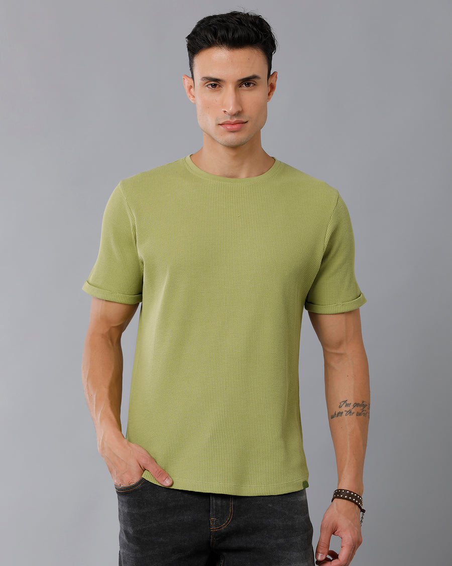 Men Waffle Solid  Regular Fit Casual T-Shirt
