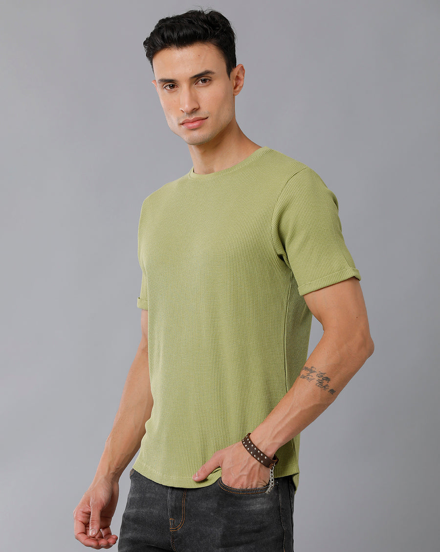 Men Waffle Solid  Regular Fit Casual T-Shirt