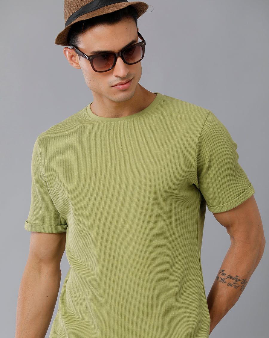 Men Waffle Solid  Regular Fit Casual T-Shirt