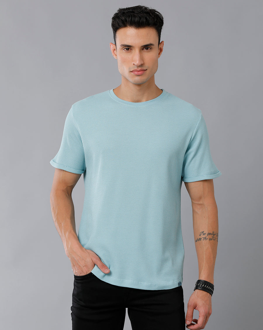 Men Waffle Solid  Regular Fit Casual T-Shirt