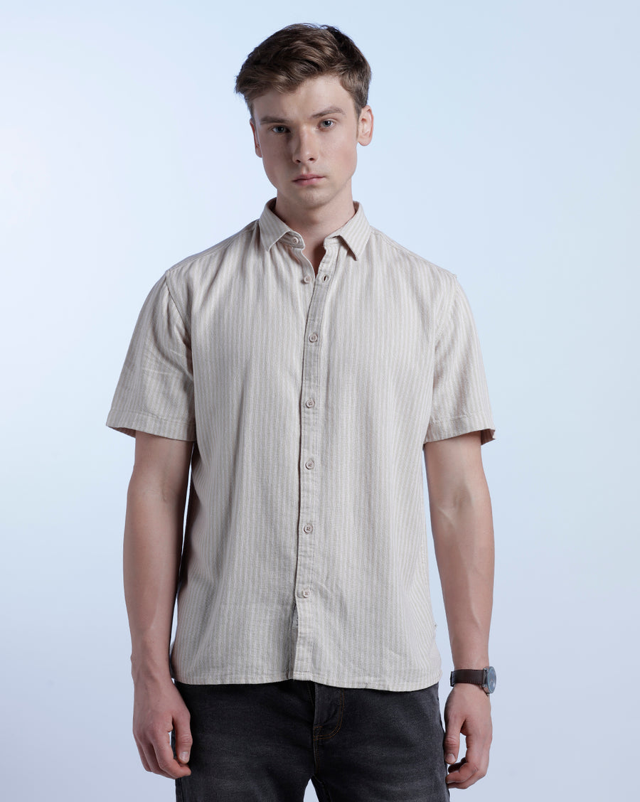 BEIGE BOXY FIT LINEN SHIRT