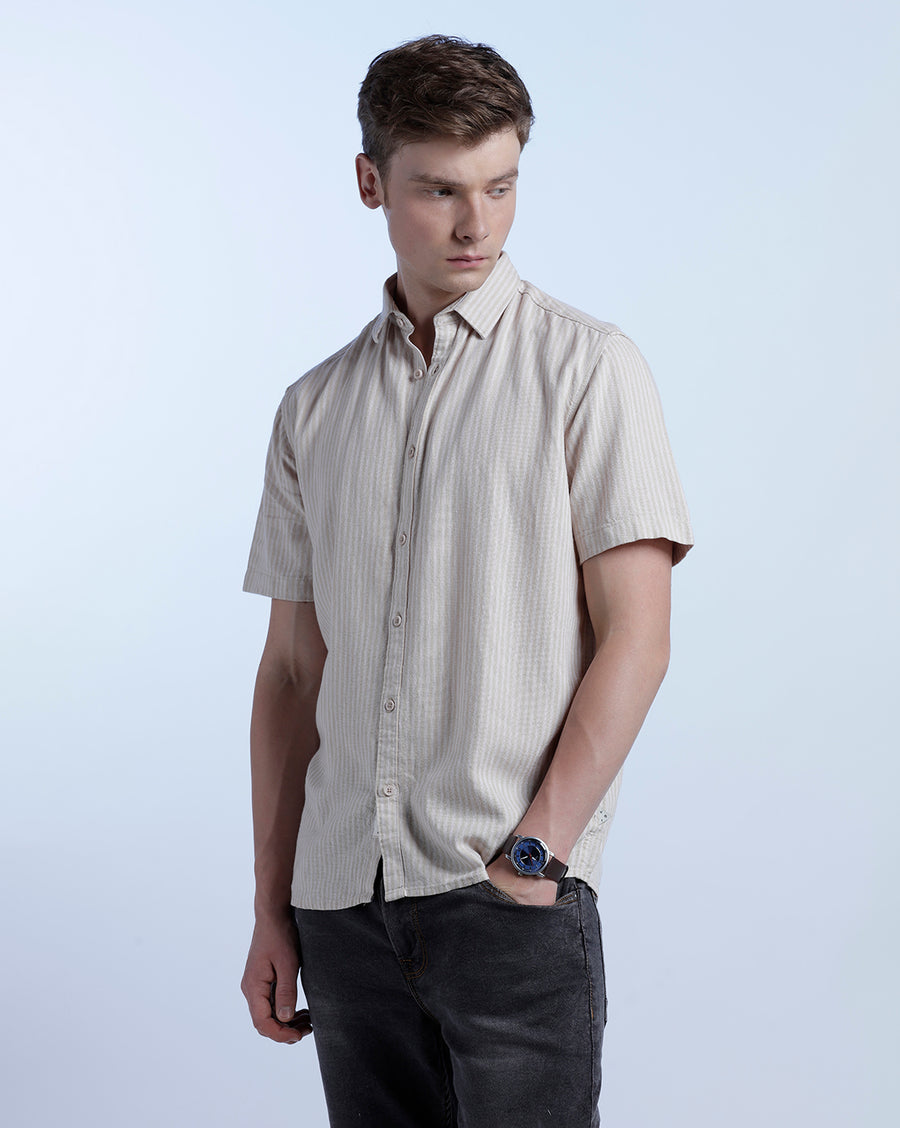 BEIGE BOXY FIT LINEN SHIRT