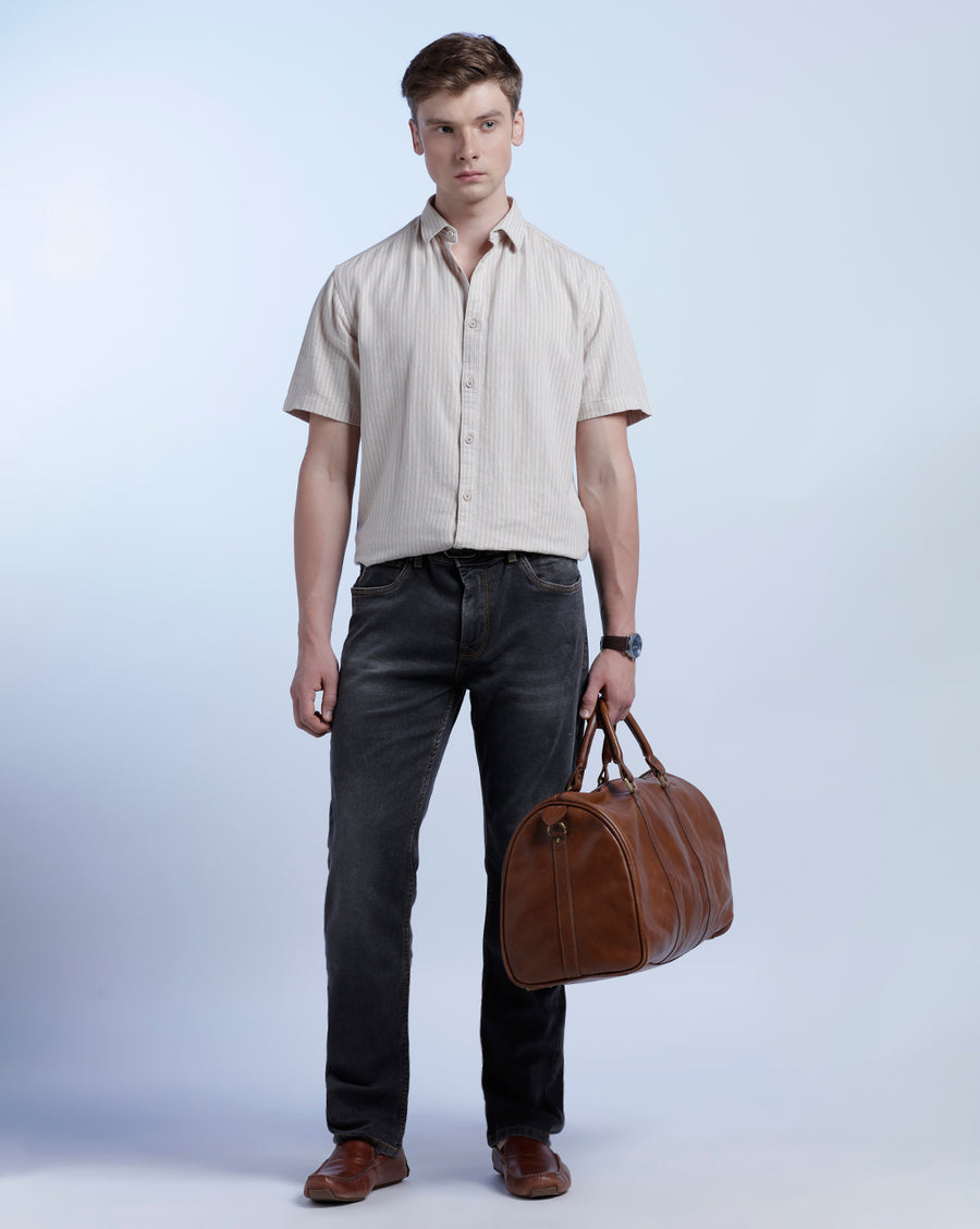 BEIGE BOXY FIT LINEN SHIRT