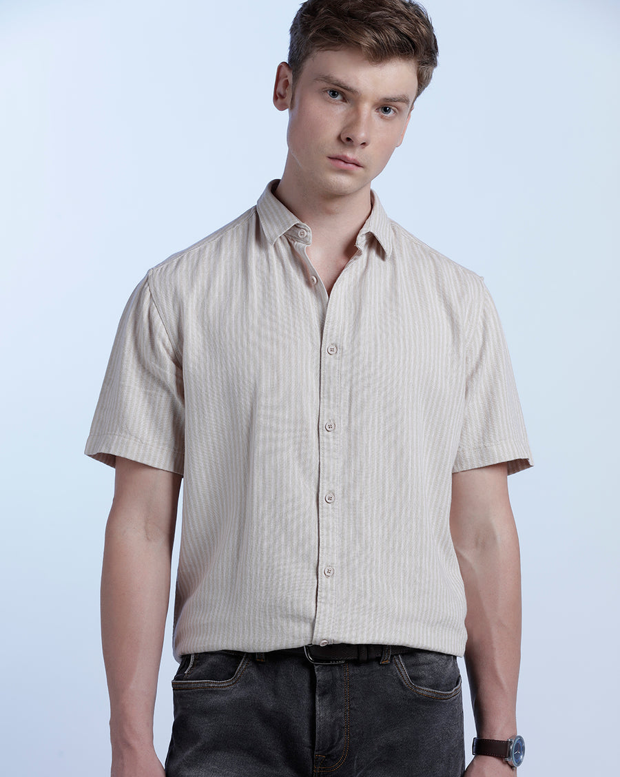 BEIGE BOXY FIT LINEN SHIRT
