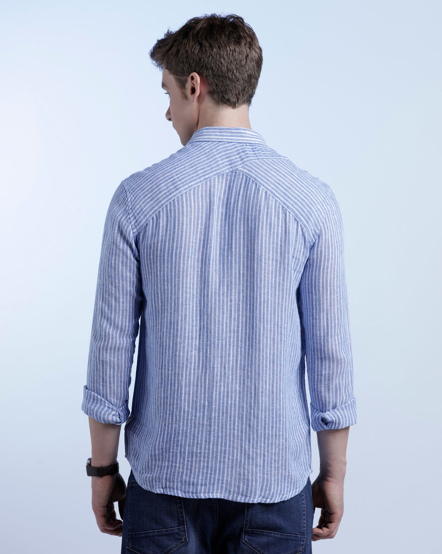 BLUE WHITE STRIPES REGULAR  FIT LINEN SHIRT