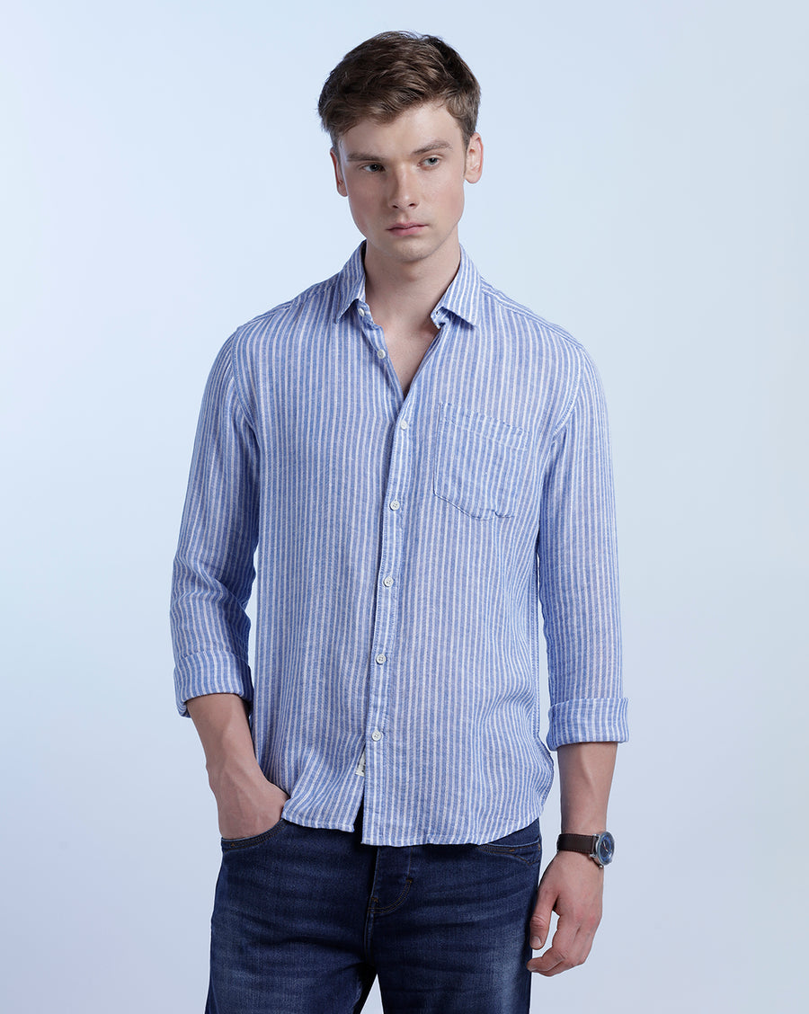BLUE WHITE STRIPES REGULAR  FIT LINEN SHIRT