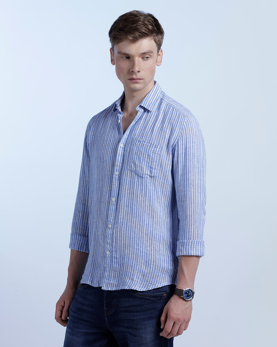 BLUE WHITE STRIPES REGULAR  FIT LINEN SHIRT