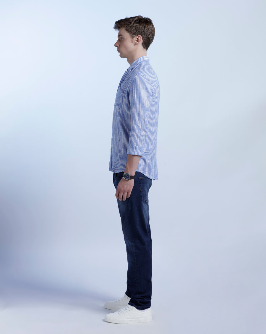BLUE WHITE STRIPES REGULAR  FIT LINEN SHIRT