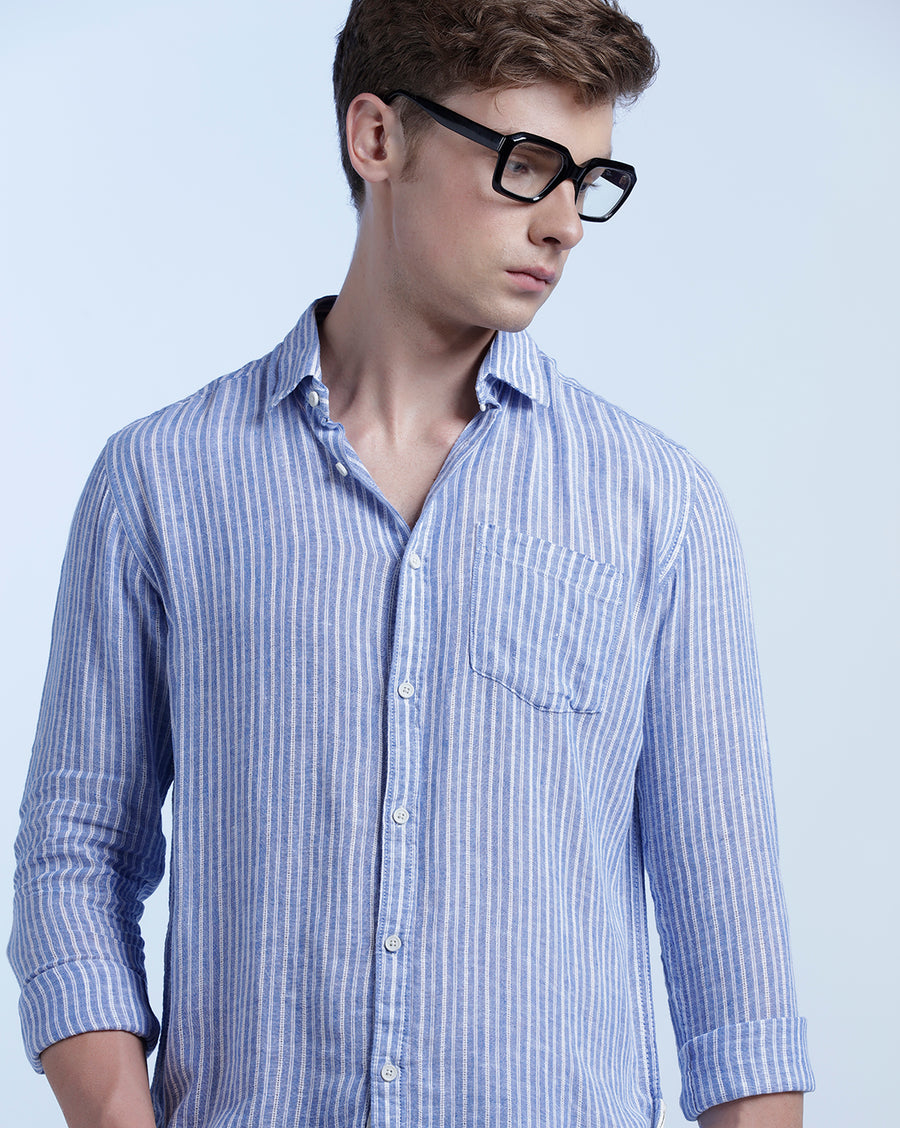 BLUE WHITE STRIPES REGULAR  FIT LINEN SHIRT