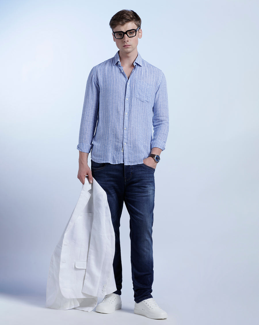BLUE WHITE STRIPES REGULAR  FIT LINEN SHIRT