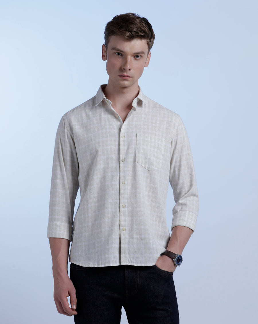 White/Mustard Checks Regular Fit Shirt