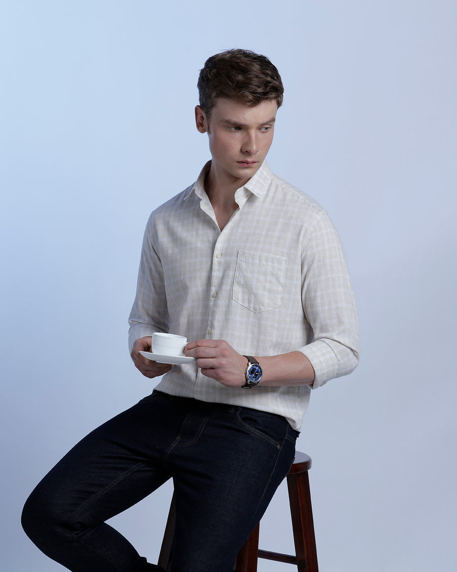 White/Mustard Checks Regular Fit Shirt