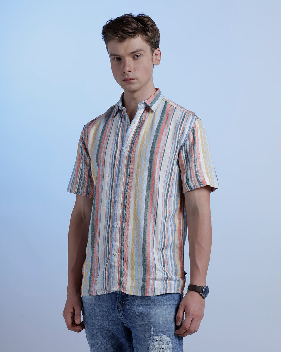 Coral Multi Stripes Boxy Fit Shirt