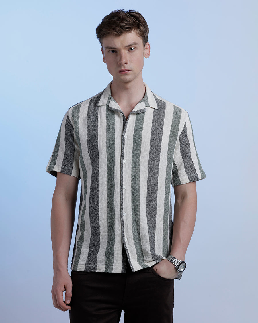Off White/Green & Black  Boxy Fit Shirt