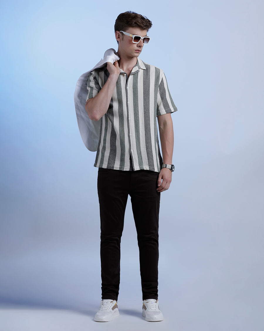 Off White/Green & Black  Boxy Fit Shirt
