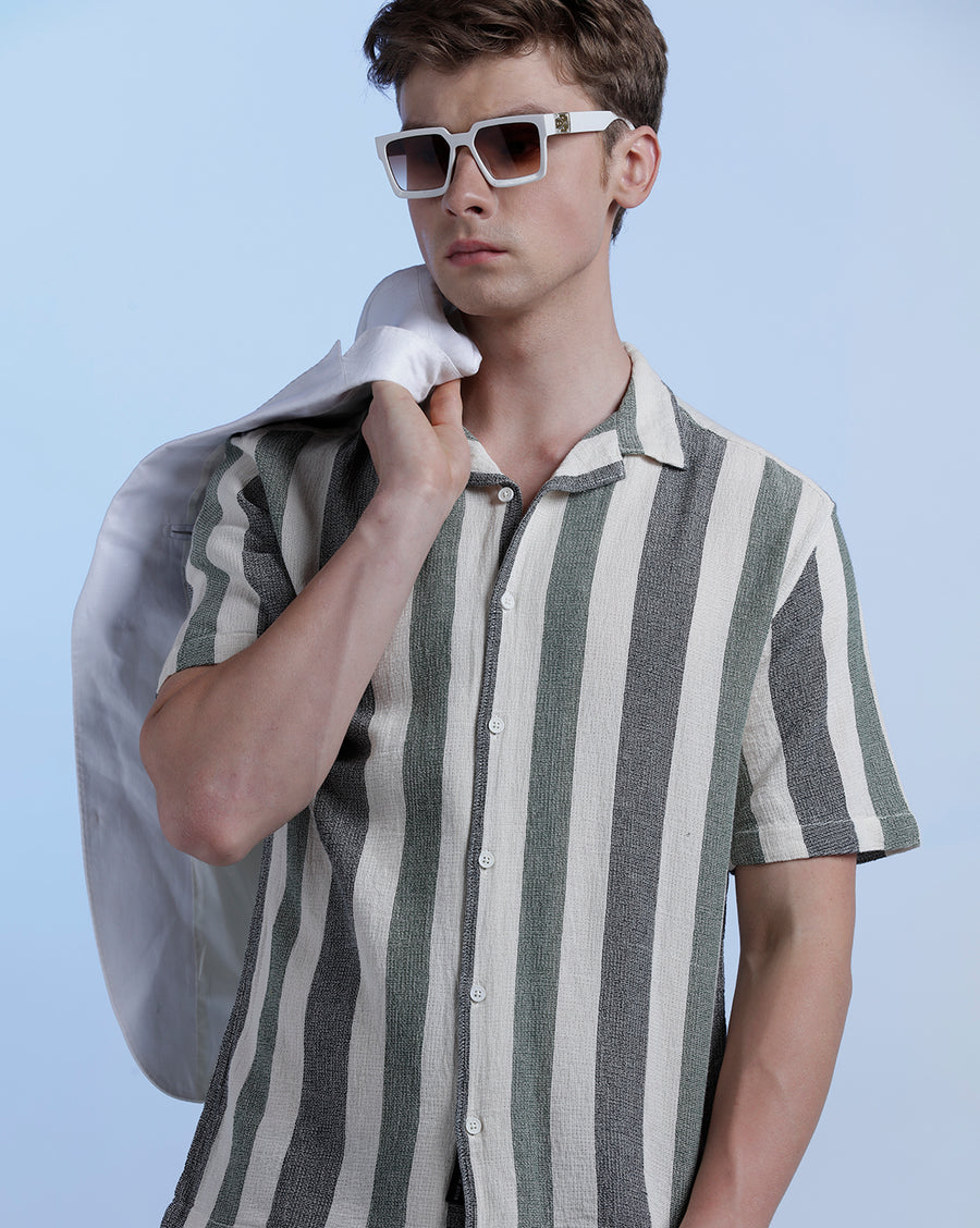 Off White/Green & Black  Boxy Fit Shirt