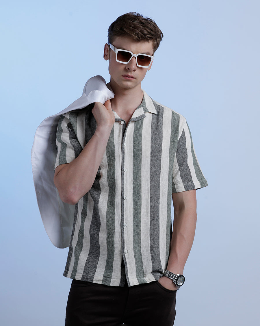 Off White/Green & Black  Boxy Fit Shirt