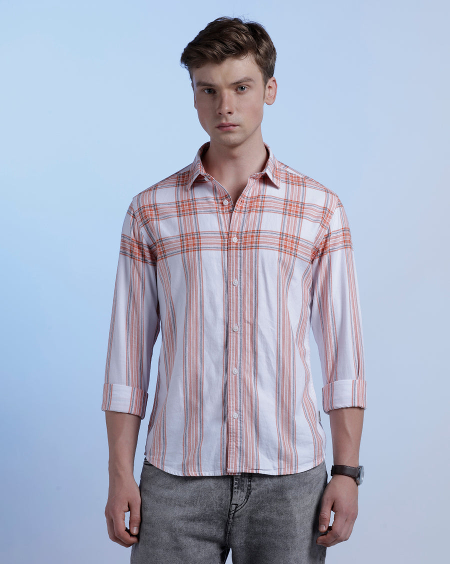 White Orange Checks Slim Fit Shirt
