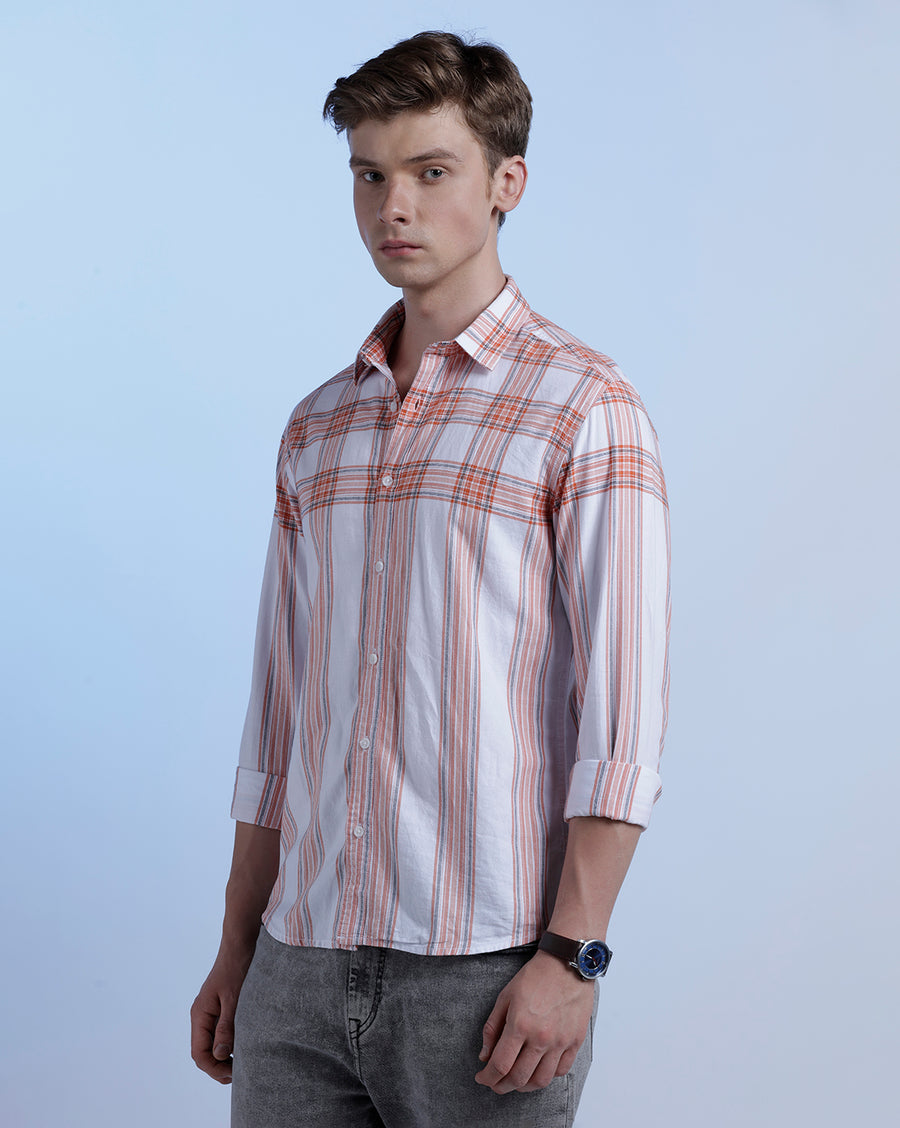 White Orange Checks Slim Fit Shirt