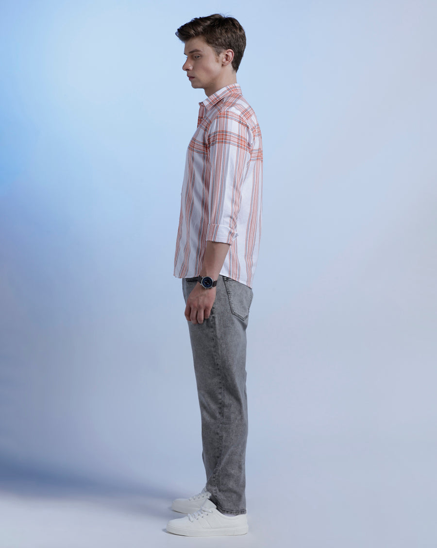 White Orange Checks Slim Fit Shirt