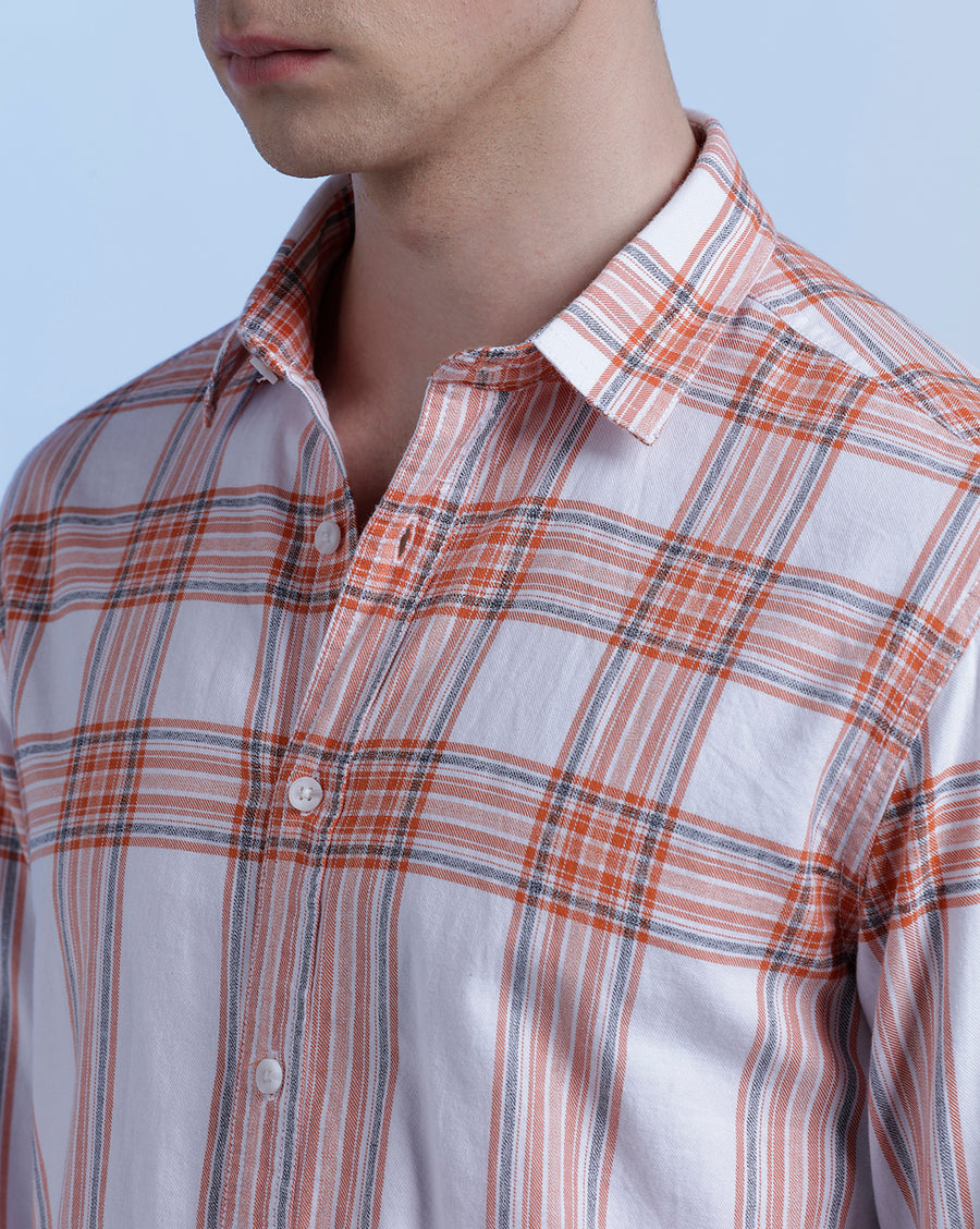 White Orange Checks Slim Fit Shirt