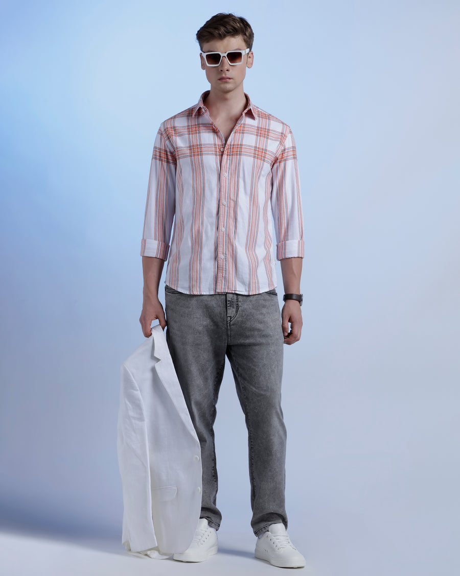 White Orange Checks Slim Fit Shirt