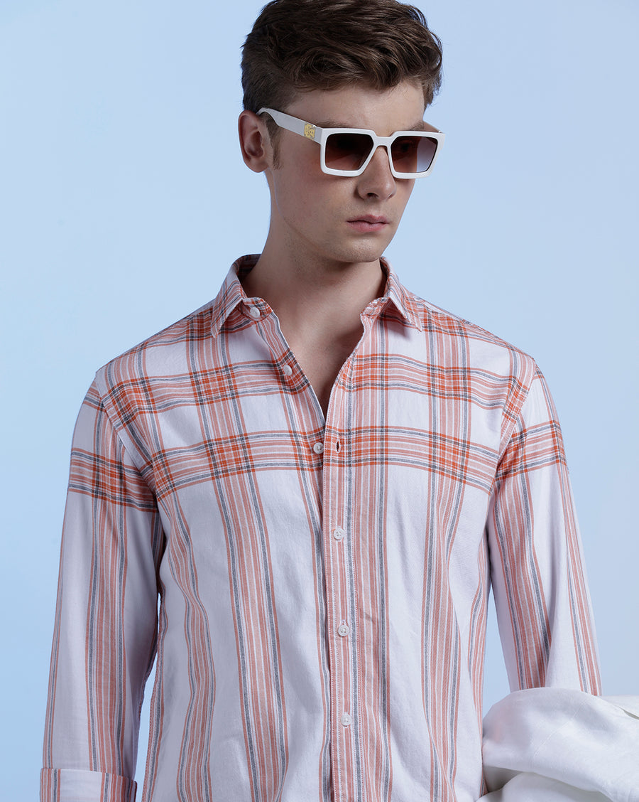 White Orange Checks Slim Fit Shirt