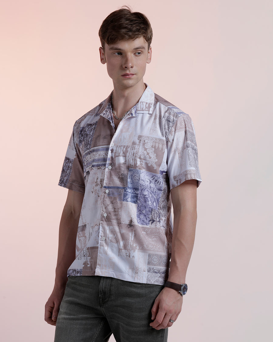 Beige Paisley Aop Boxy Fit Shirt