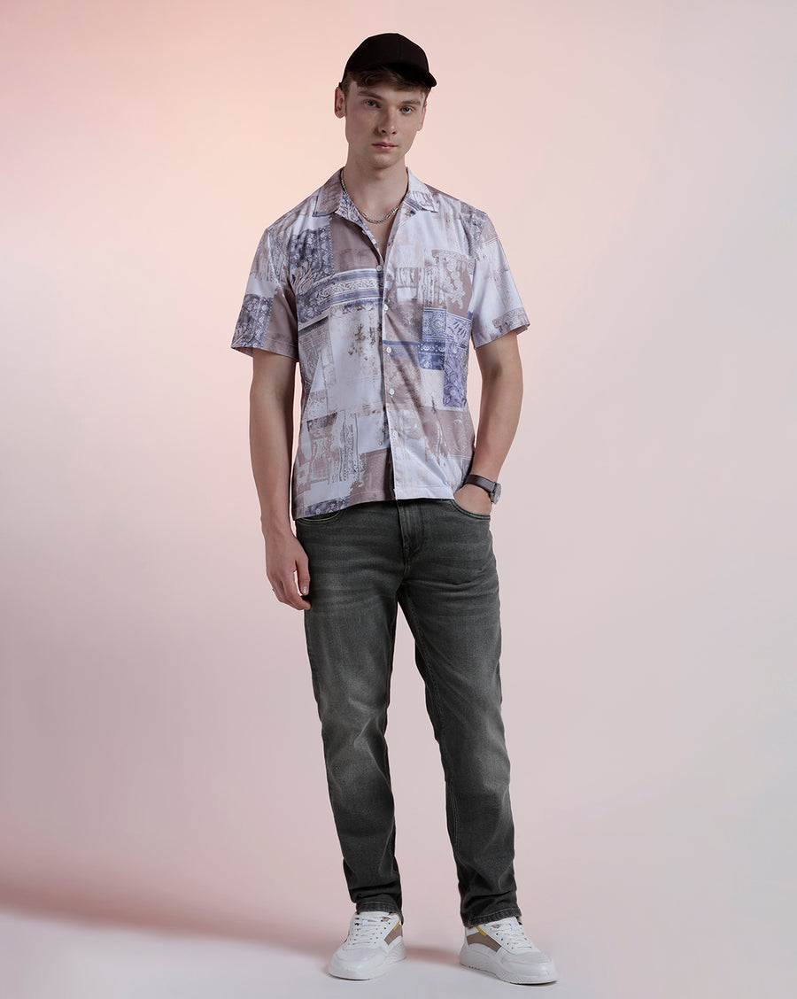 Beige Paisley Aop Boxy Fit Shirt