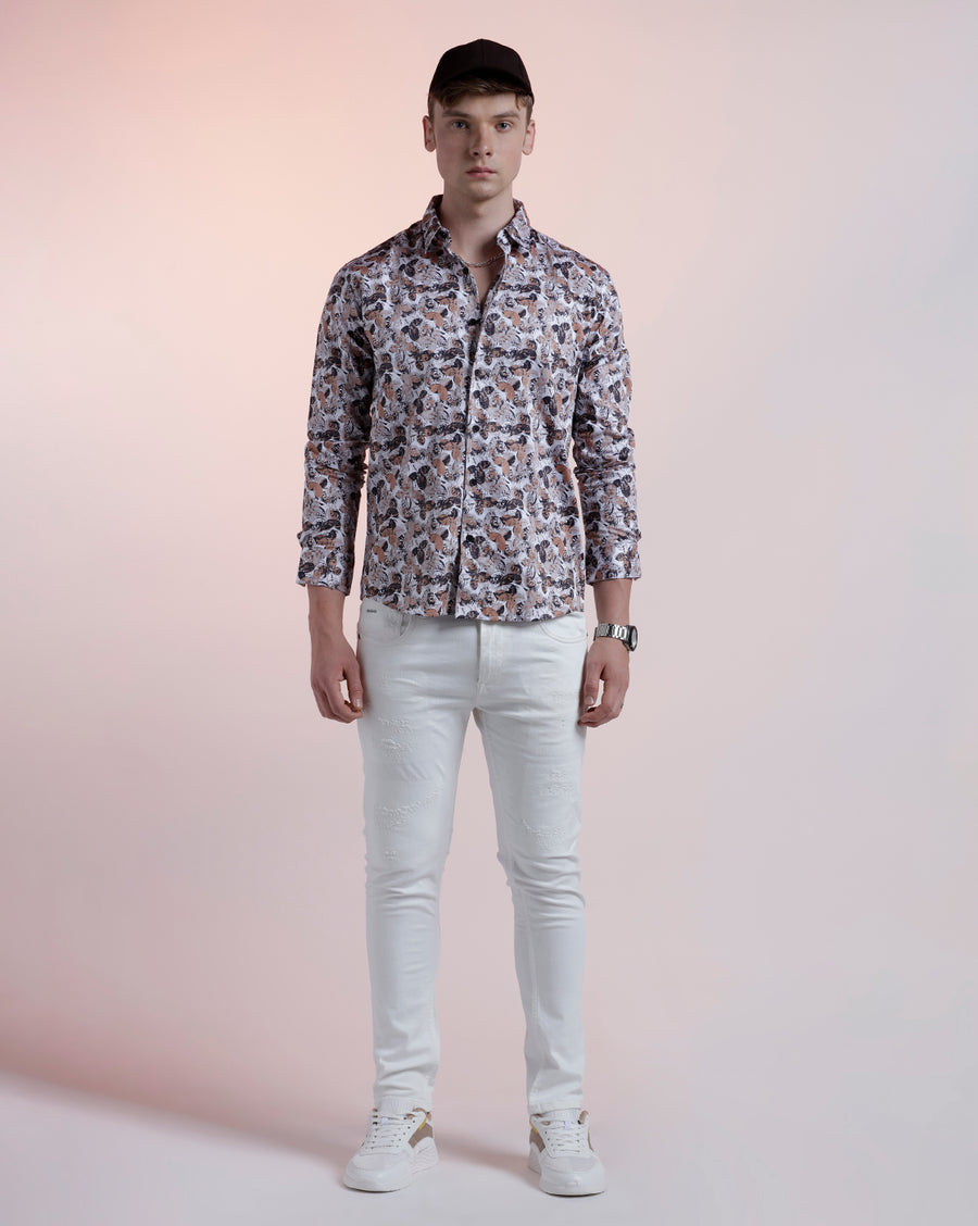 White Black Aop Regular Fit Shirt