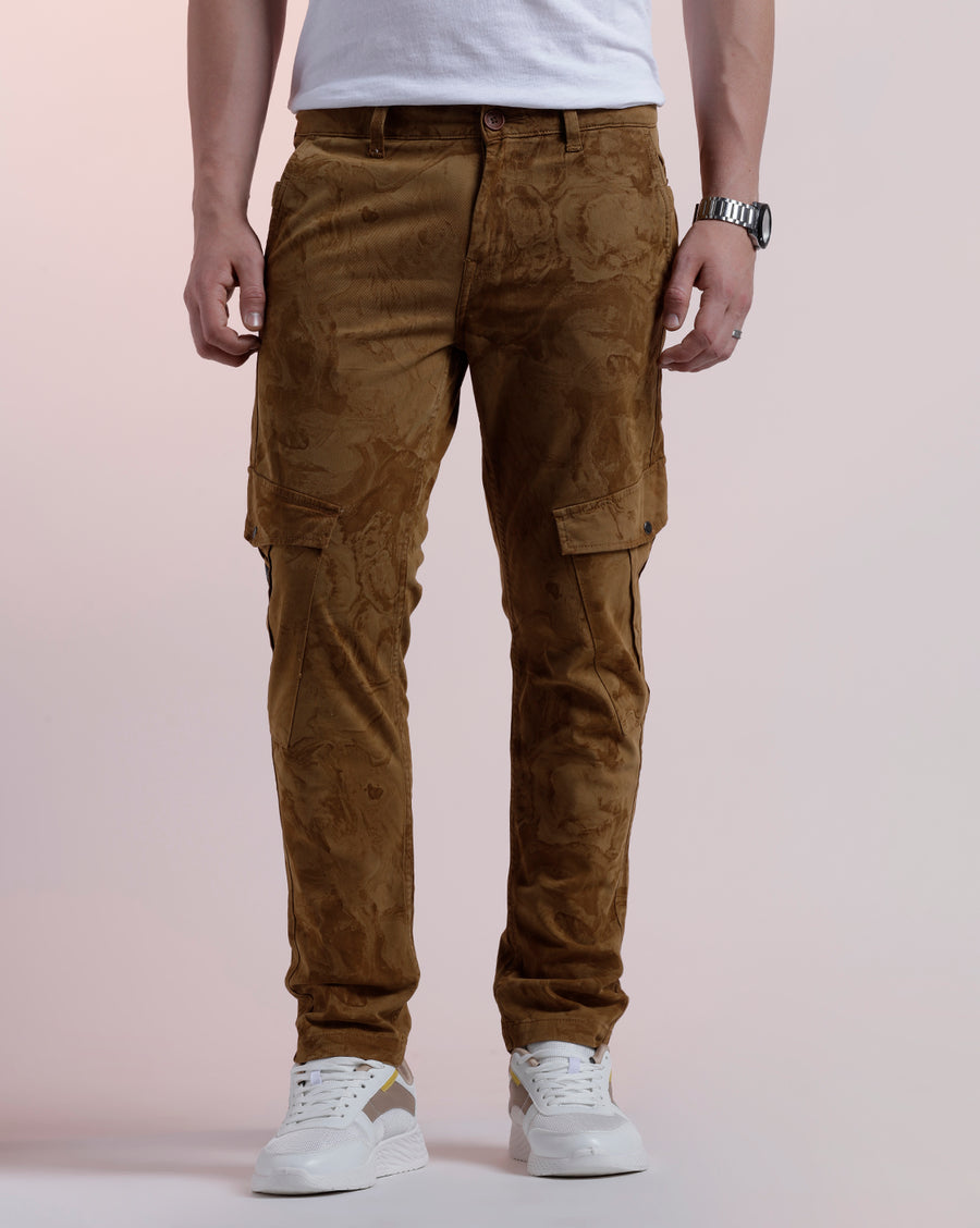 Voi Jeans Mens Khaki Printed Mid-Rise Cotton Jeans