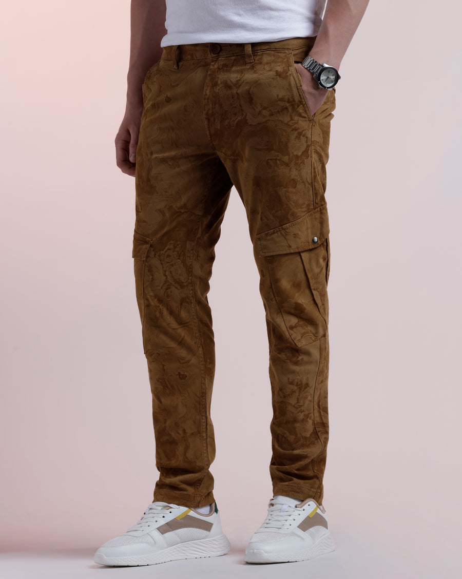 Voi Jeans Mens Khaki Printed Mid-Rise Cotton Jeans