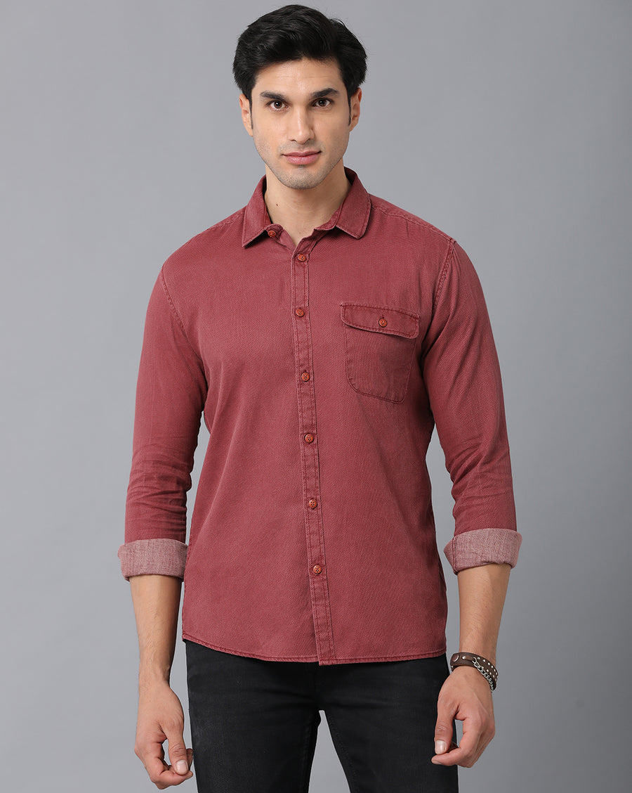 VOI Jeans Men's Solid Maroon Cotton Slim Fit Casual Shirt
