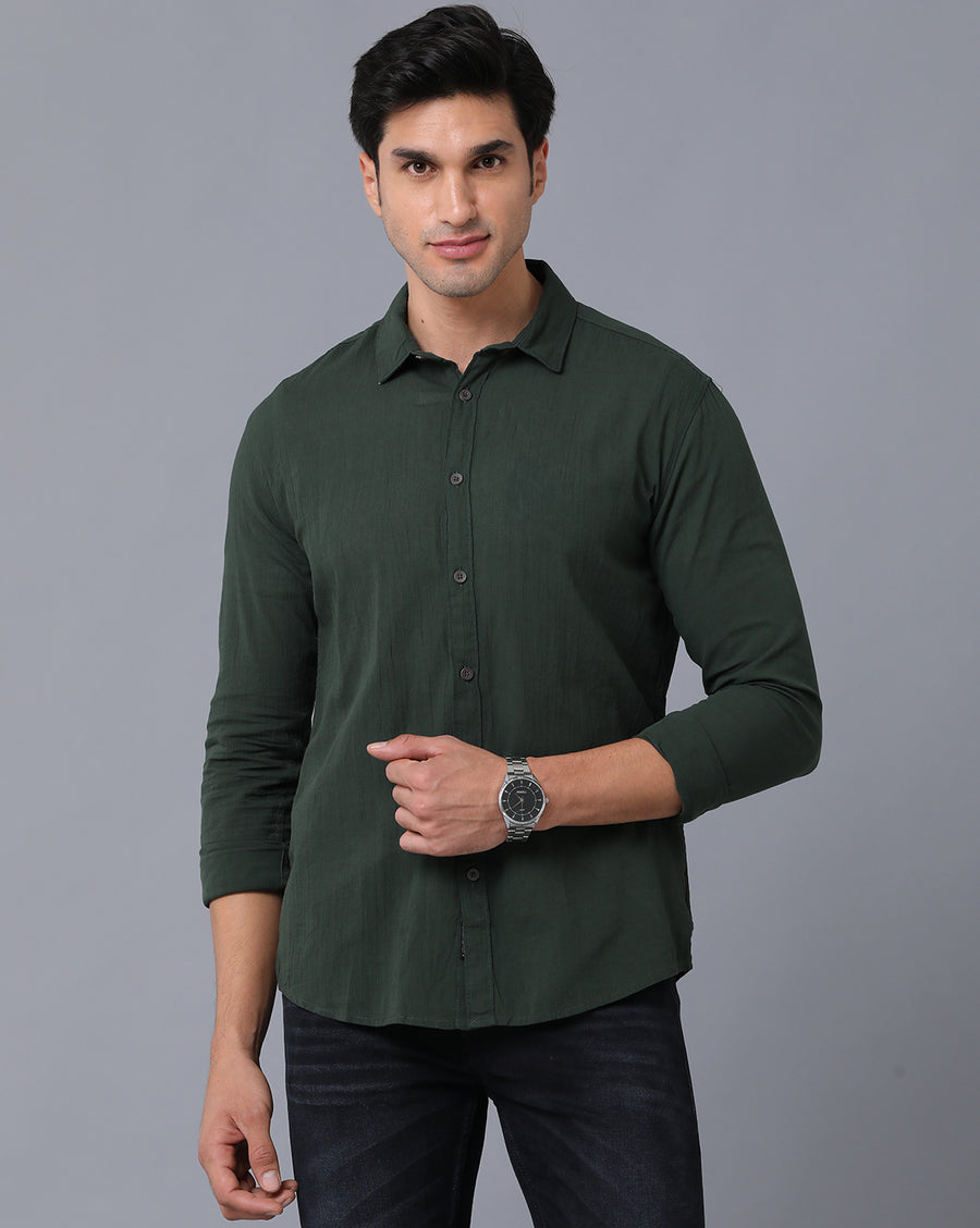 VOI Jeans Men's Solid Green Cotton Slim Fit Casual Shirt