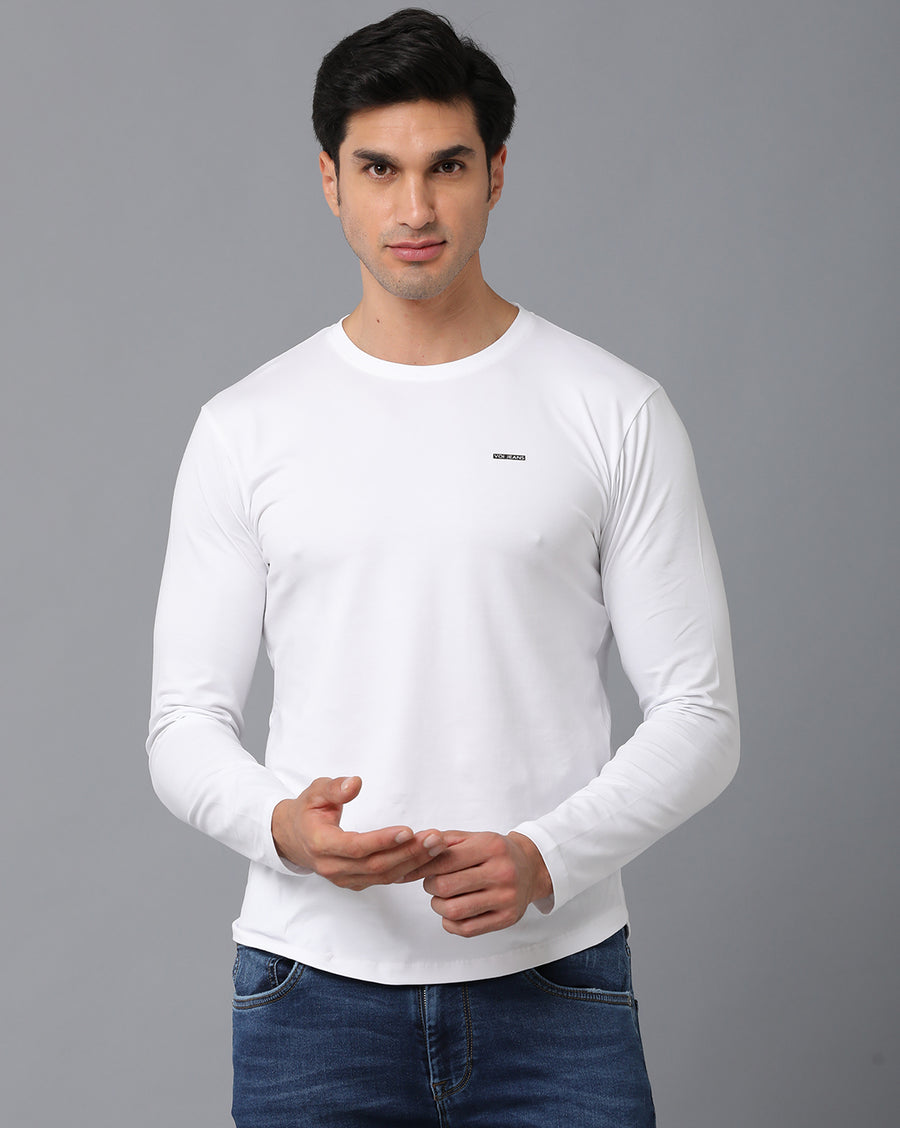 VOI Jeans Men's Plain White Cotton Lycra Single Jersey Round Neck T-Shirt
