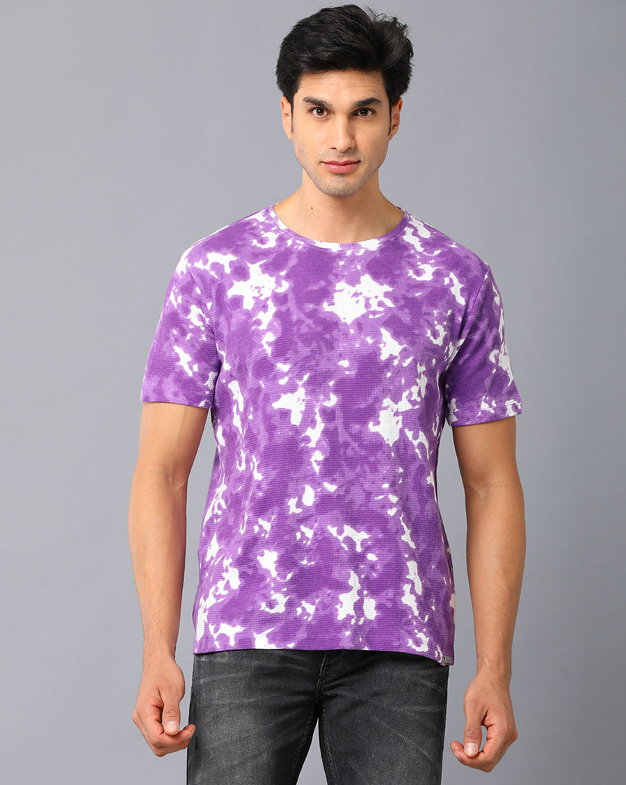 VOI Jeans Men's Tie Dye Print Plum Cotton Waffle Structured Round Neck T-Shirt