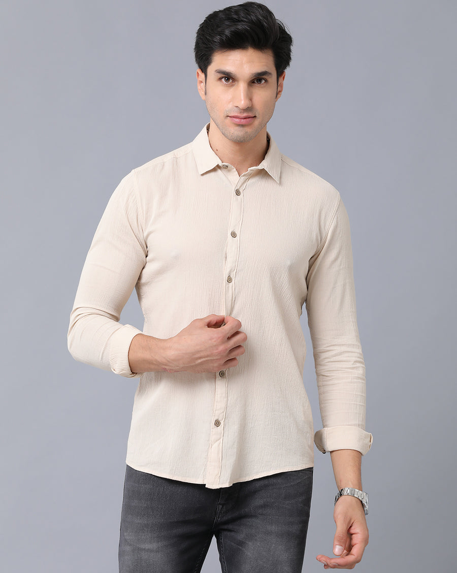 VOI Jeans Men's Solid Beige Cotton Slim Fit Casual Shirt