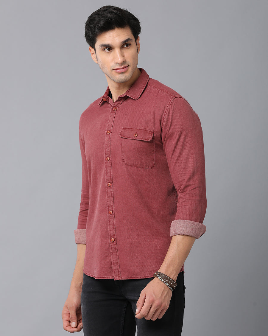 VOI Jeans Men's Solid Maroon Cotton Slim Fit Casual Shirt