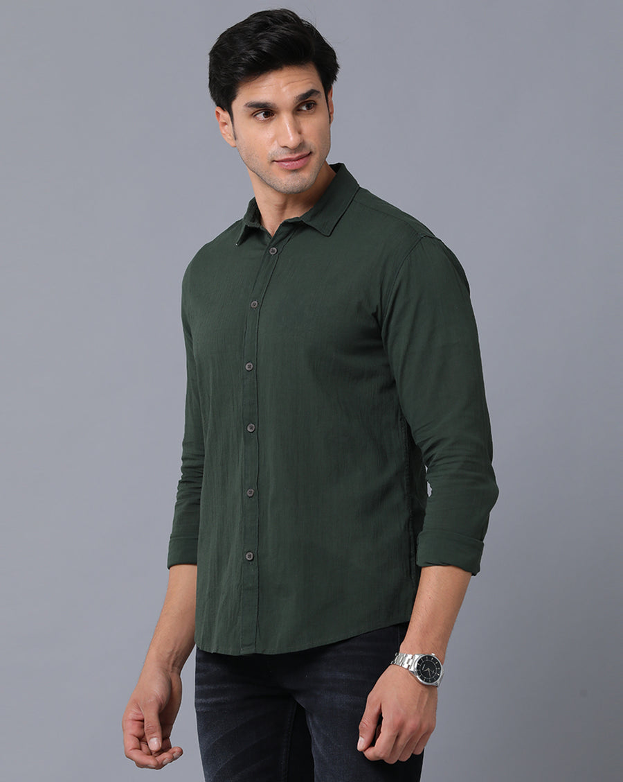 VOI Jeans Men's Solid Green Cotton Slim Fit Casual Shirt