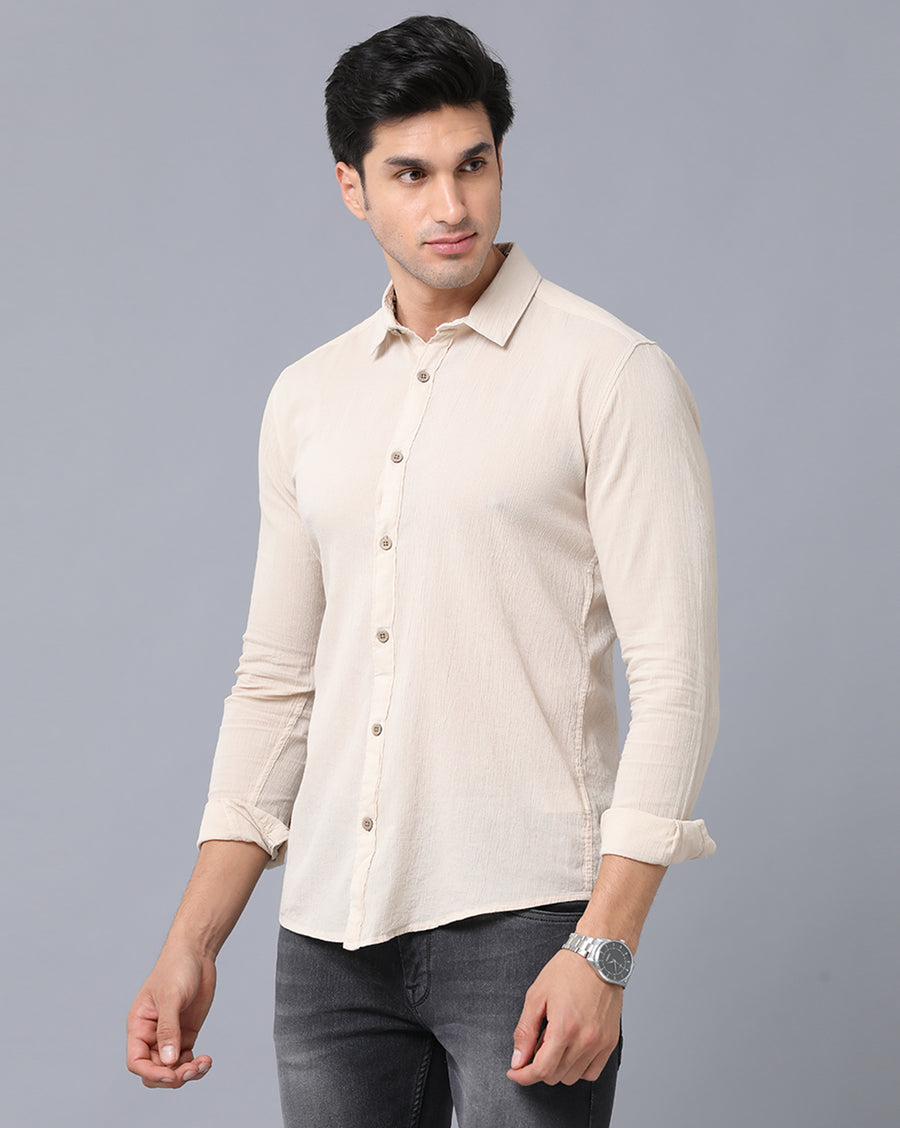 VOI Jeans Men's Solid Beige Cotton Slim Fit Casual Shirt