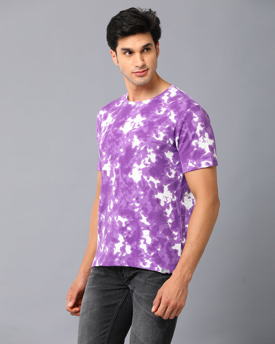 VOI Jeans Men's Tie Dye Print Plum Cotton Waffle Structured Round Neck T-Shirt