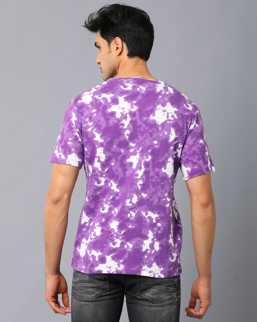 VOI Jeans Men's Tie Dye Print Plum Cotton Waffle Structured Round Neck T-Shirt