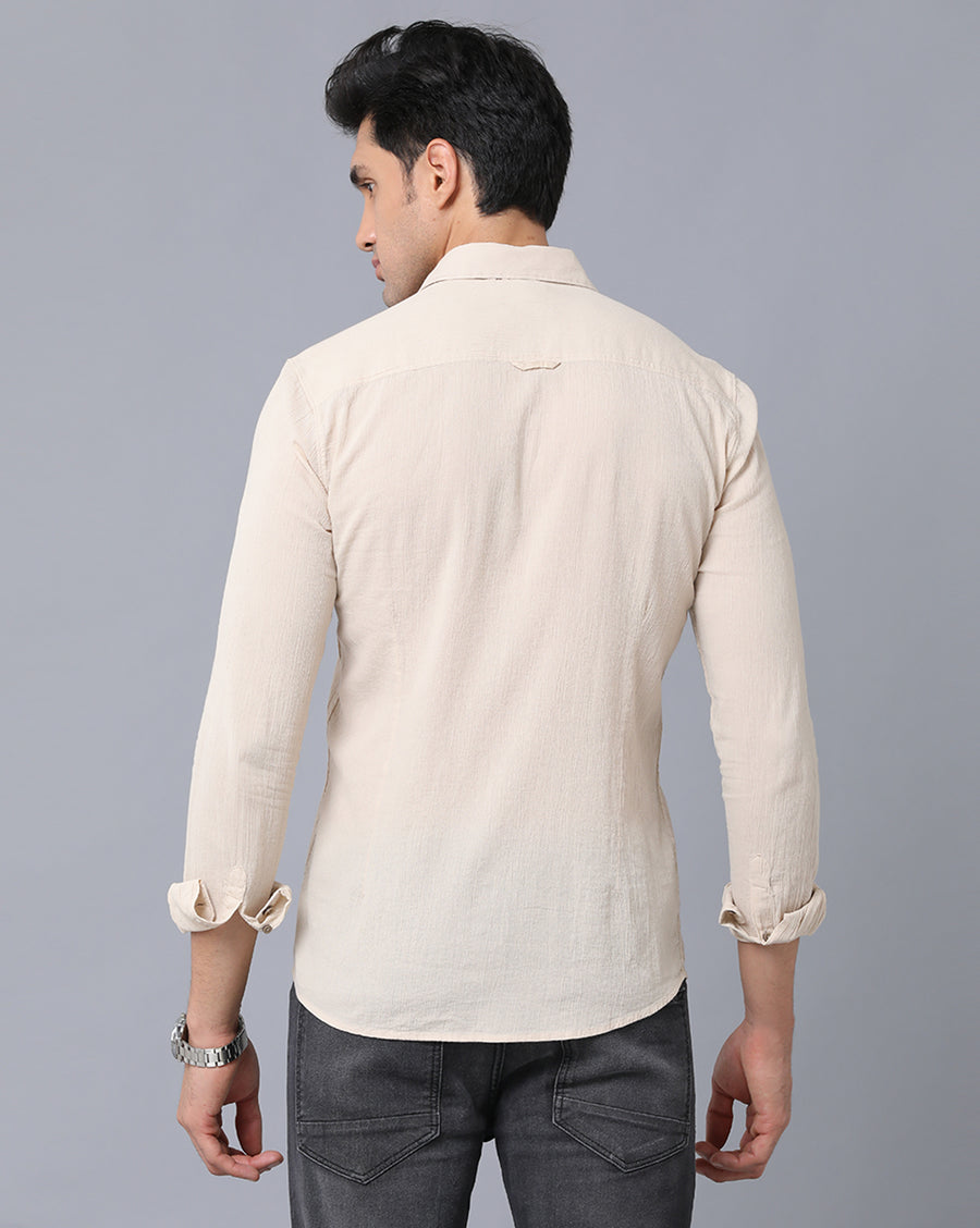 VOI Jeans Men's Solid Beige Cotton Slim Fit Casual Shirt