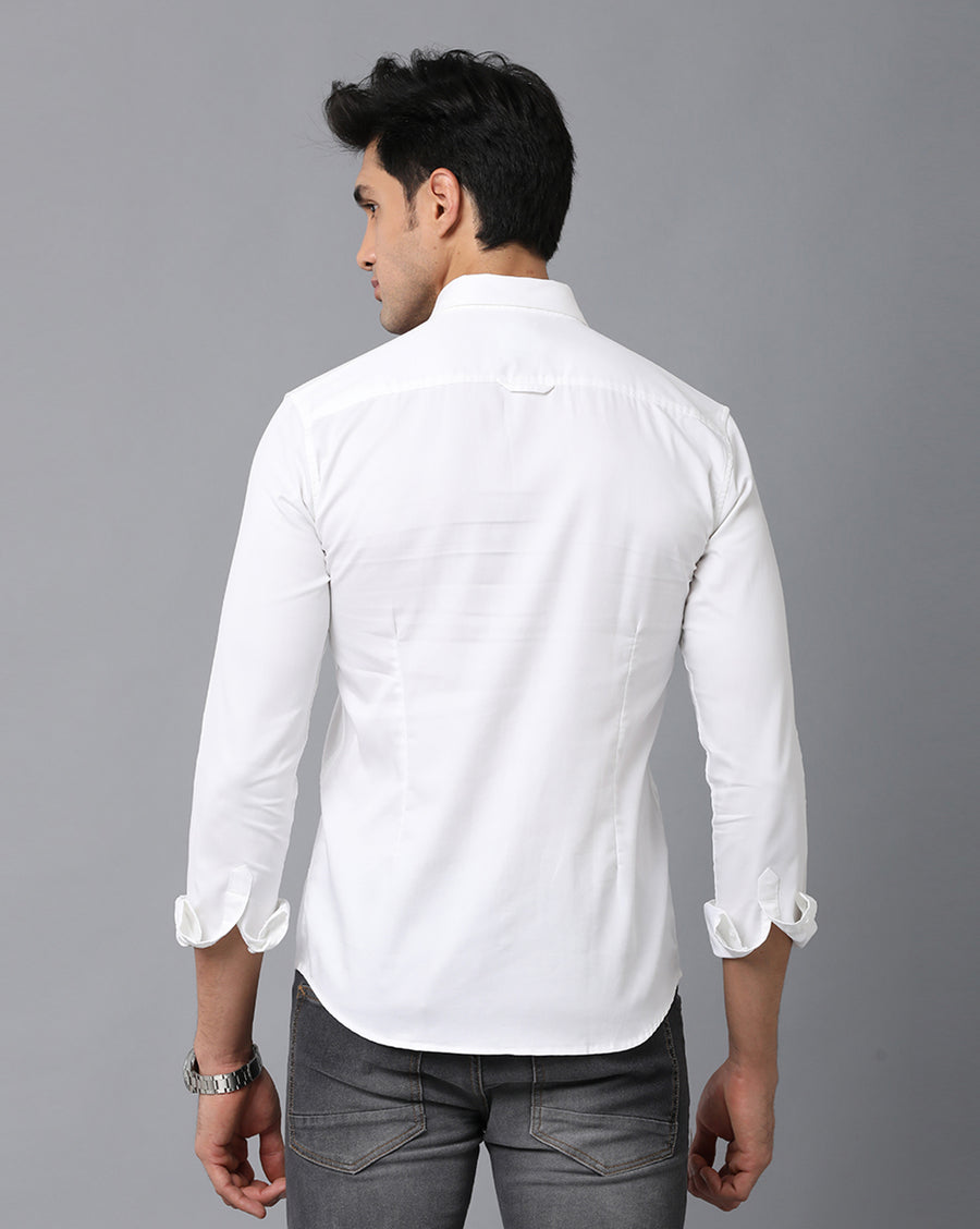 VOI Jeans Men's Solid White Cotton Slim Fit Spread Collar Casual Shirt